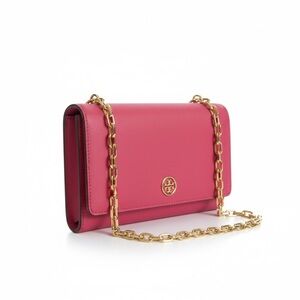 💗 Tory Burch Raspberry Pink Saffiano Chain Wallet Crossbody – Gold Logo | NWOT
